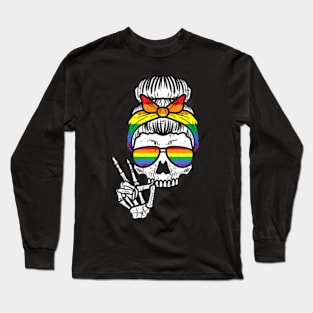 Gay Pride Messy Bun Skull  Flag Lgbt Women Girls Kids Long Sleeve T-Shirt